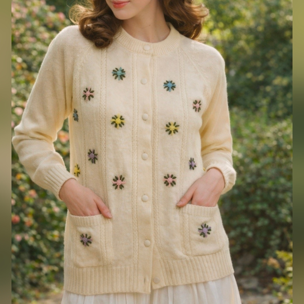 Rochelle California Vintage Embroidered Flower Burst Cottagecore Cardigan 60's